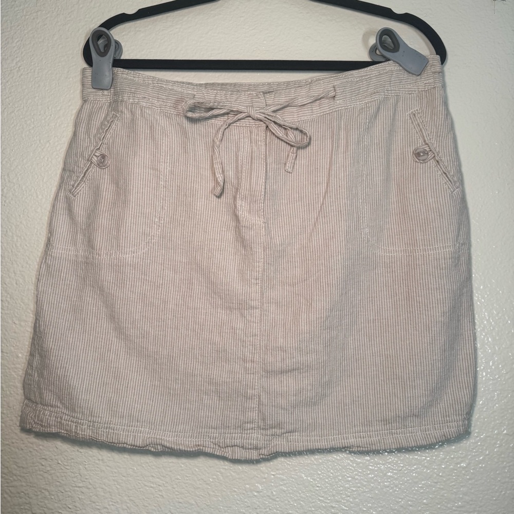 Dalia Light Beige stripe Tie-Waist Mini Skirt cotton linen
